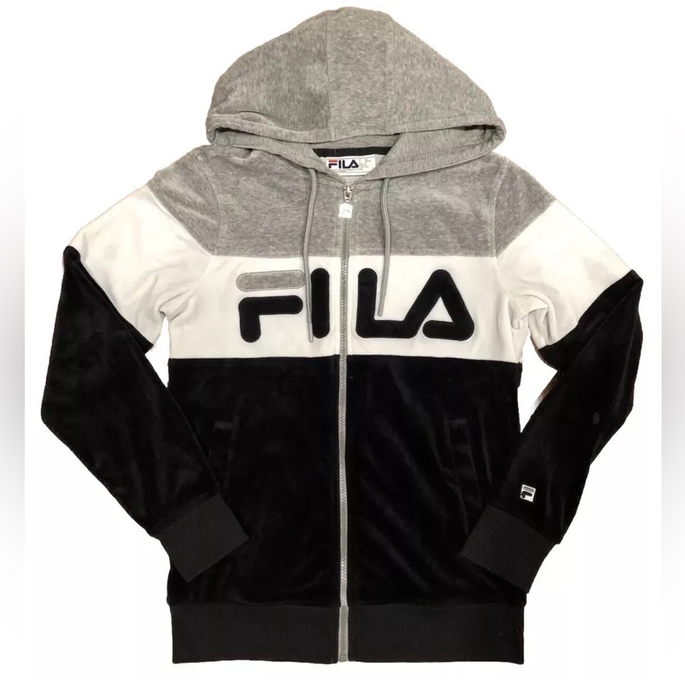 Fila Velour Black/Gray/White Stripe Full Zip Track Hoodie Jacket Fleece Small
